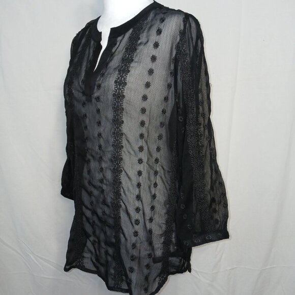 OLIVE AND OAK, BLACK SHEER, FLORAL EMBROIDED PEASANT TOP, SIZE MEDIUM - Picture 4 of 7